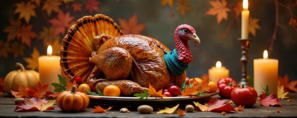 Naklejka premium Colorful turkey in festive autumn setting with fall leaves and candles, turkey, decoration