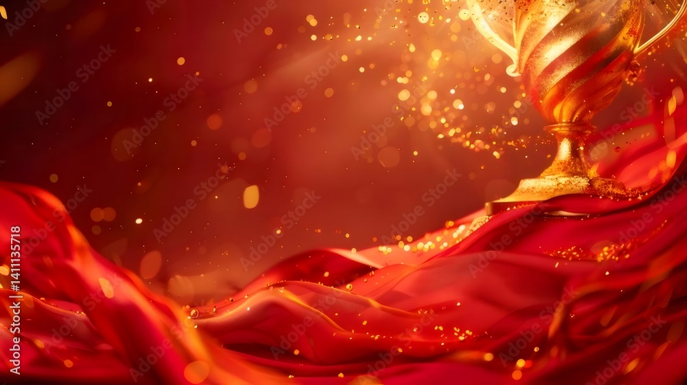 Aufkleber golden trophy over flowing red cloth with sparkling golden light and bokeh effect