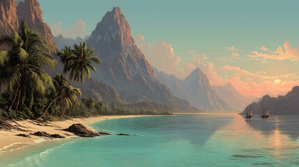 Naklejka premium Serene tropical beach sunset landscape with majestic mountains and calm ocean water featu palm trees and sailing boats.