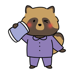 パジャマを着て枕を持っているタヌキ