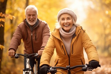 Joyful senior couple biking together in autumn park lifestyle photography vibrant nature warm tones intimate perspective