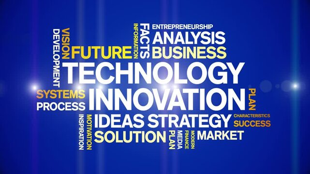 Technology innovation animated word cloud;text design animation tag kinetic typography seamless loop.