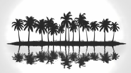 Obraz premium Tranquil Tropical Paradise: Silhouetted Palm Trees on Isolated Island with Calm Waters