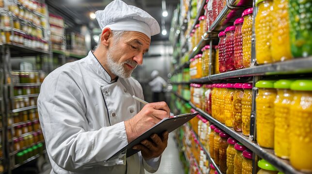 A senior chef meticulously inspects jars of preserved food in a large commercial cold storage facility while taking notes.