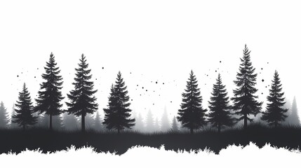Obraz premium Misty Forest Silhouette: Black and White Nature Art with Pine Trees & Wildlife