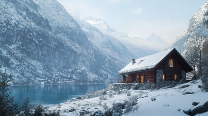 Fototapeta premium A cozy log cabin sits near a mountain lake in winter