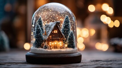 Winter wonderland snow globe scene cozy cabin decorative art festive atmosphere close-up holiday spirit