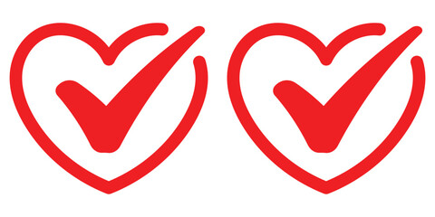 colored hearts with check marks. concept of complete checkbox or ui button and okay or done verify label. flat graphic design isolated on white background, Vector illustration                       