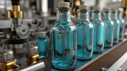 A close-up view shows a row of teal glass bottles moving along a conveyor belt in a modern automated bottling factory.