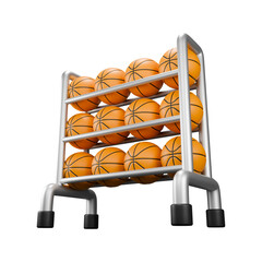 Rack full of orange basketballs on wheels, 3D style.