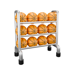 3D basketball rack with metal frame and orange basketballs.
