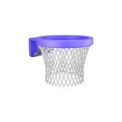 3D side-view basketball hoop with white net and purple frame.
