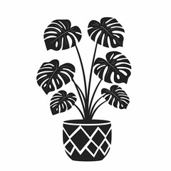 Monstera Plant Silhouette Illustration in Black and White: Potted Houseplant for Interior Design and Botanical Wall Art