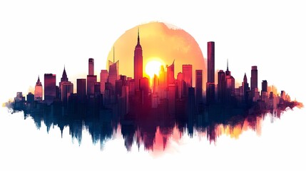 Obraz premium Vibrant Cityscape: Modern Skyline Silhouette at Sunset - A Stunning Digital Art Representation of Urban Architecture and Travel Destinations