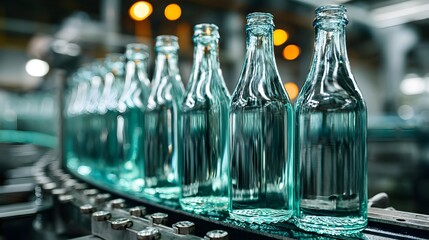 A row of empty glass bottles moves along a conveyor belt in a modern beverage factory production line.