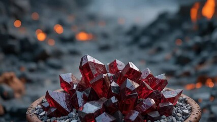 Red Crystal Cluster in Rustic Pot Dramatic Dark Background Fantasy Setting - Powered by Adobe