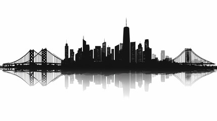 Naklejka premium Black and White Cityscape Silhouette with Bridge Reflection: Urban Skyline at Night