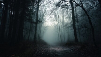 Naklejka premium Mysterious foggy pathway enchanted forest landscape photography dramatic atmosphere serene viewpoint nature's beauty