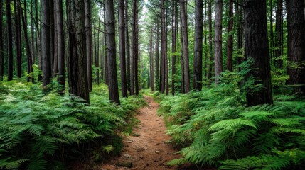 Fototapeta premium Nature trail adventure lush forest photography serene environment ground view exploring wilderness