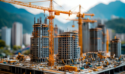 Naklejka premium A bustling construction site with cranes and modern buildings under development amidst a mountainous backdrop