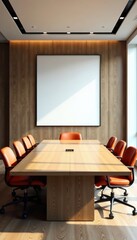 Empty conference table with a large, blank poster on the wall, space, silence, background