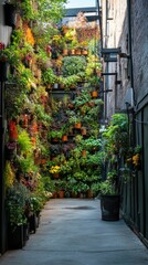 Fototapeta premium Lush Vertical Garden Display in Urban Alleyway Surrounded by Plants