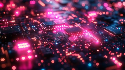 Fototapeta premium Close up of a circuit board with pink and blue lights illuminating the intricate electronic components