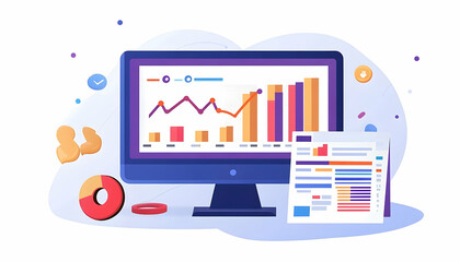 A colorful digital workspace featuring a computer displaying data graphs and charts, with snacks nearby