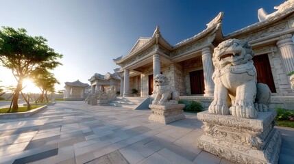 Grand stone lion statue standing proudly in front of an ancient temple with multiple deities depicted in stone