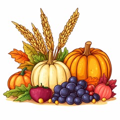Bountiful Autumn Harvest: Colorful Pumpkin, Apple, and Grape Display for Thanksgiving in a Rural Farm Setting