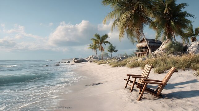 Two wooden beach chairs sit on a pristine sandy beach near a tropical hut under swaying palm trees and a tranquil ocean.