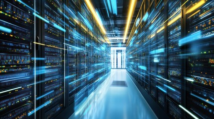 Obraz premium Data Center Corridor with Blurred Lights and Servers