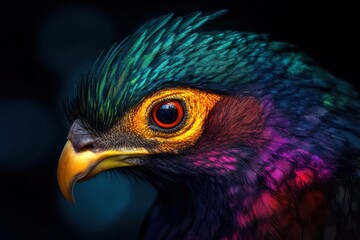 Obraz premium Close-up portrait of gamecock with intense eyes and vibrant feathers, moody lighting