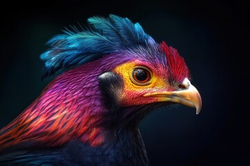 Fototapeta premium Close-up portrait of gamecock with intense eyes and vibrant feathers, moody lighting
