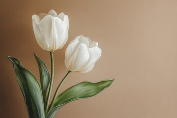 Two elegant white tulips against a muted beige backdrop. © BabyEyes