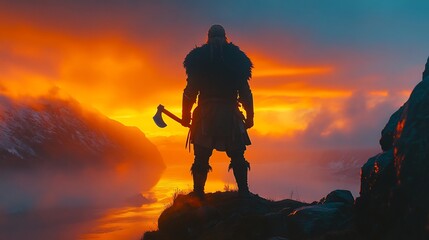 Fototapeta premium Powerful silhouette of Viking warrior an axe standing on a cliff overlooking a dramatic fjord at sunrise Cold mist rising orange and icy blue tones blending in the sky Epic historical and cinematic