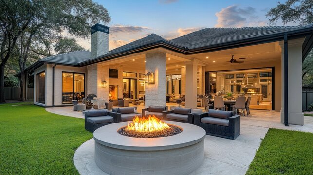 Modern outdoor living space with fire pit at sunset