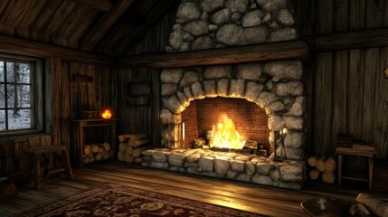 A warm and inviting cozy cabin with a crackling fireplace ablaze