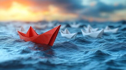 A red paper boat sailing ahead of white paper boats on a wavy sea under a cloudy sky at sunset
