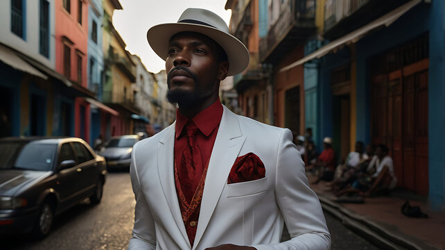 	
Ze Pilintra Umbanda Quimbanda Entity Trickster Malandro Walking at night in Arco da Lapa Rio de Janeiro	
