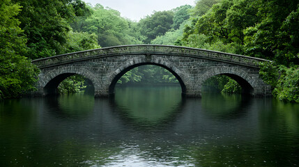 Fototapeta premium Stone Arch Bridge Over Calm Water In Lush Green Forest