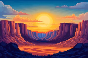 Stunning Sunset Landscape Illustration: Vibrant Desert Canyon with Dramatic Sky and Prominent Rocky Formations