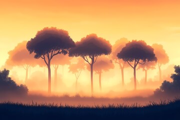Peaceful Forest Silhouette: Tranquil Sunset & Misty Horizon Landscape