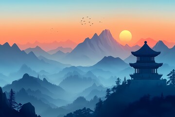Tranquil Asian Mountainscape at Sunset: Serene Silhouette with Traditional Temples and Stunning Scenic Views
