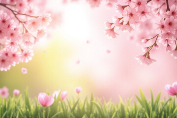 Fototapeta premium branch with pink flowers on a green background