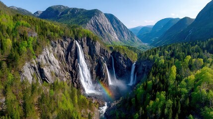 Majestic waterfall cascading down mountains surrounded by lush greenery and captivating natural beauty