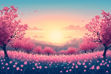 Sunset Over Cherry Blossom Meadow: Vibrant Floral Landscape with Pink Trees and Lush Greenery