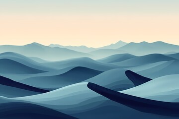 Abstract Blue Sea Landscape: Minimalistic Digital Art Illustration of Waves and Mountains - Serene and Atmospheric Design