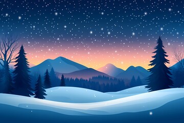 Winter Wonderland: Serenity in a Snowy Mountain Range Under a Starry Night Sky - Digital Art Illustration