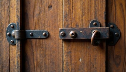 Old wooden door with wooden hinges and rusty lock on brown wood texture background, vintage door, brown wood texture background